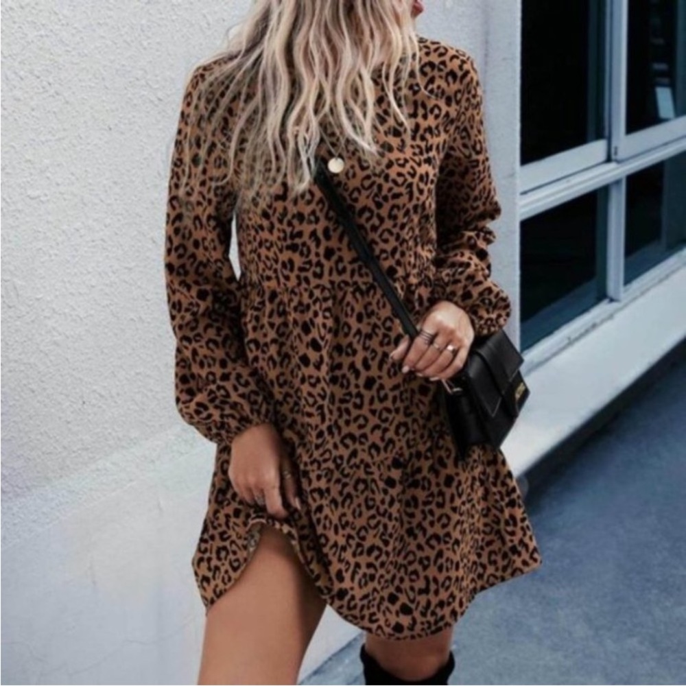 All Over Leopard Print Bishop Sleeve Dress